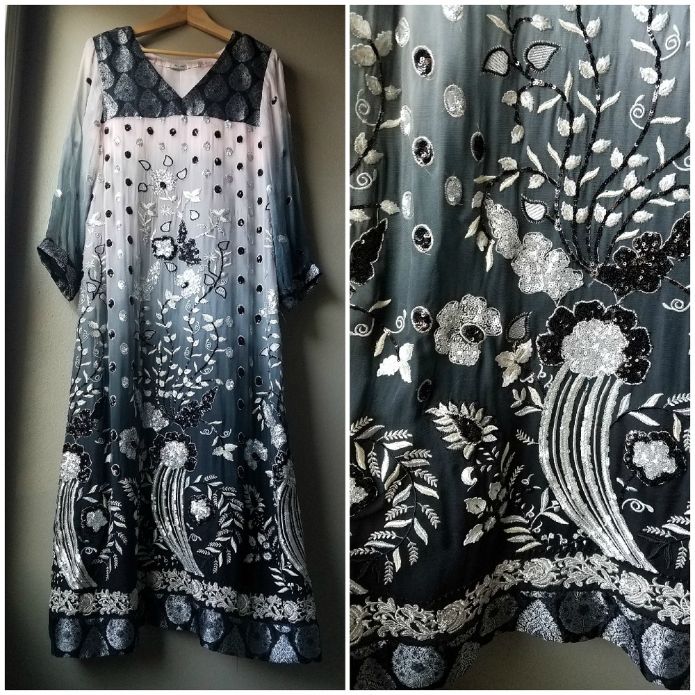 Silk Indian Kurti Sari Black Beaded Medium Large